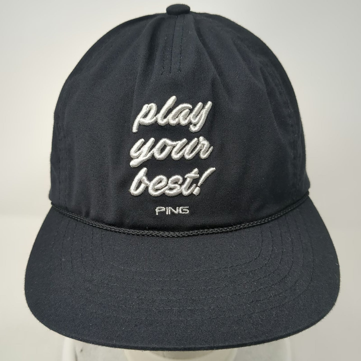 PING 5 Panel Black One Size Leather Strap Rope Script Logo Golf Hat sensorcool