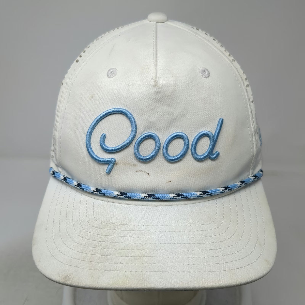 Good Good Golf White Trucker Hat One Size Blue Rope Script Mesh Back Snapback