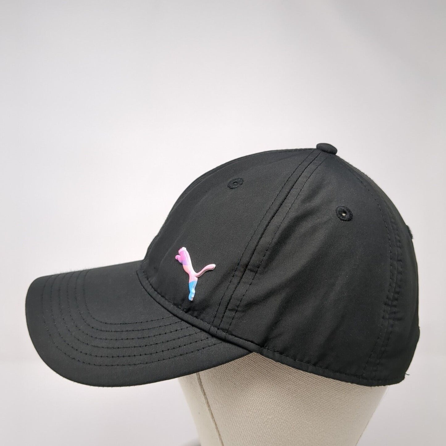 PUMA Strapback Hat Black One Size Adjustable Embroidered Vented Holes 6 Panel