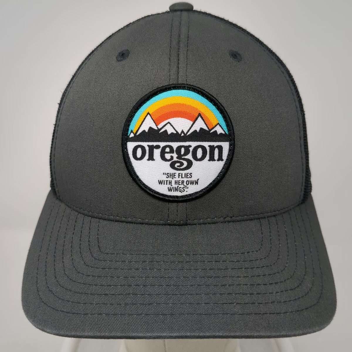 Yupoong Trucker Hat Gray One Size Oregon Mountains State Motto Mesh Snapback