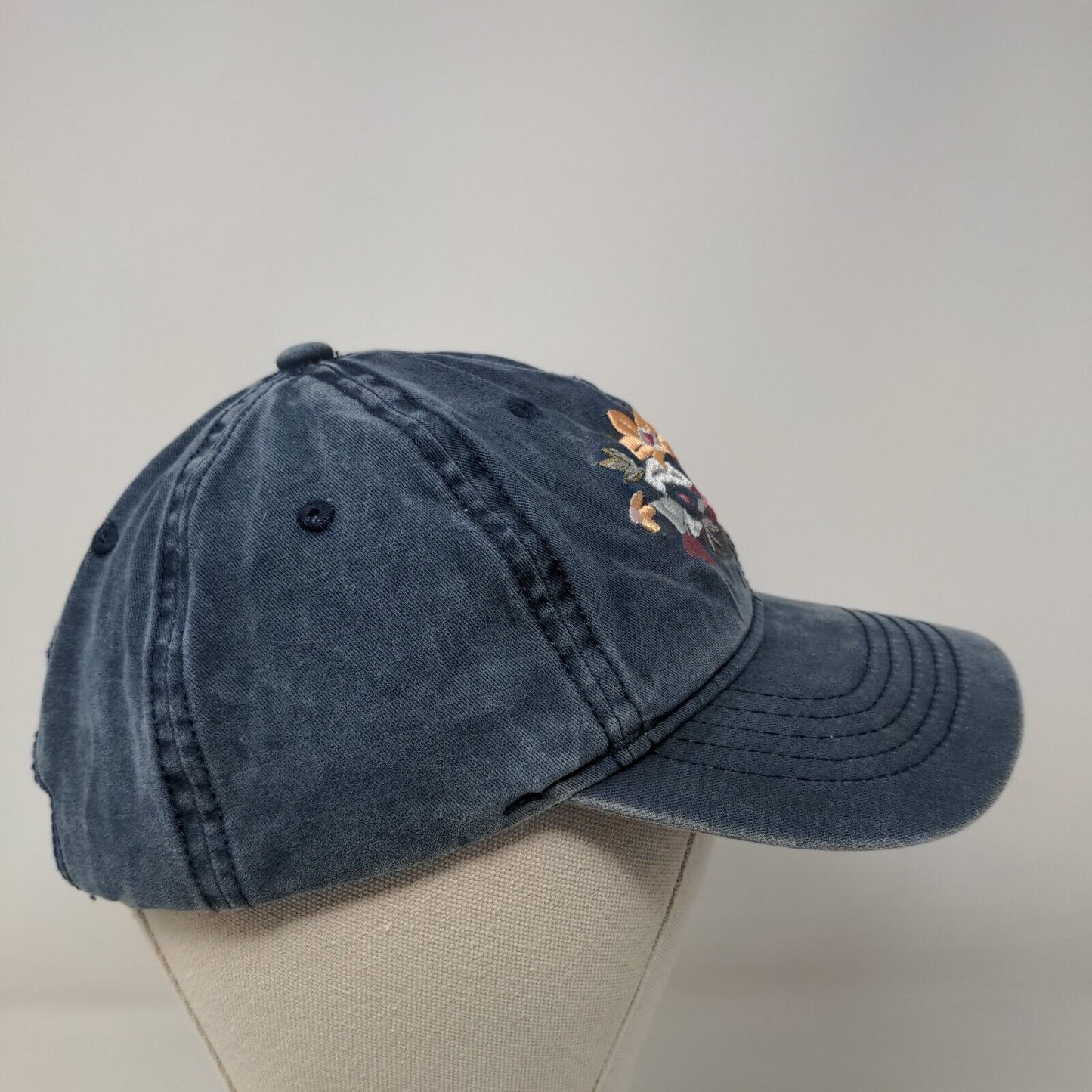 Amore Slideback Hat Blue OSFM Adjustable Embroidered Floral Vented Holes