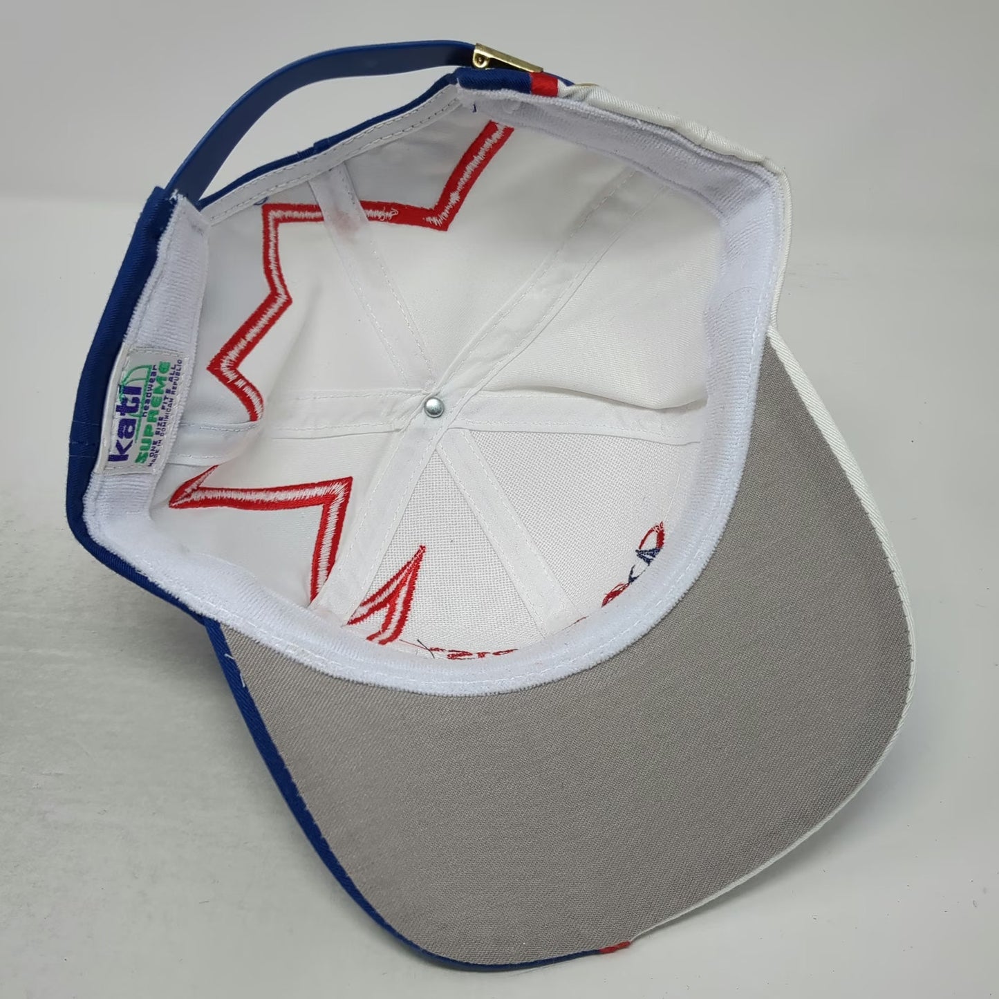 Kati Baseball Cap White Blue Red Astaris Logo Graphic Slideback Hat Sharktooth
