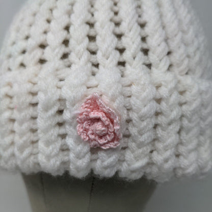 Grandma Bonnie Tender Loving Care Women's Knit Beanie Hat White Flower Accent