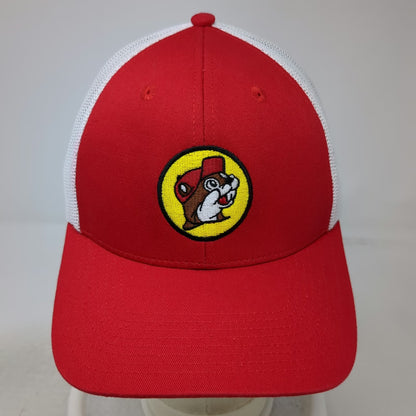 Buc-ee's Trucker Hat Red White One Size Mascot Patch Mesh Snapback Curved Brim