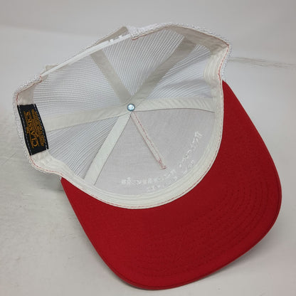Yupoong Trucker Hat Red White OSFM Rice Ranch RV Park Mesh Snapback Curved Brim