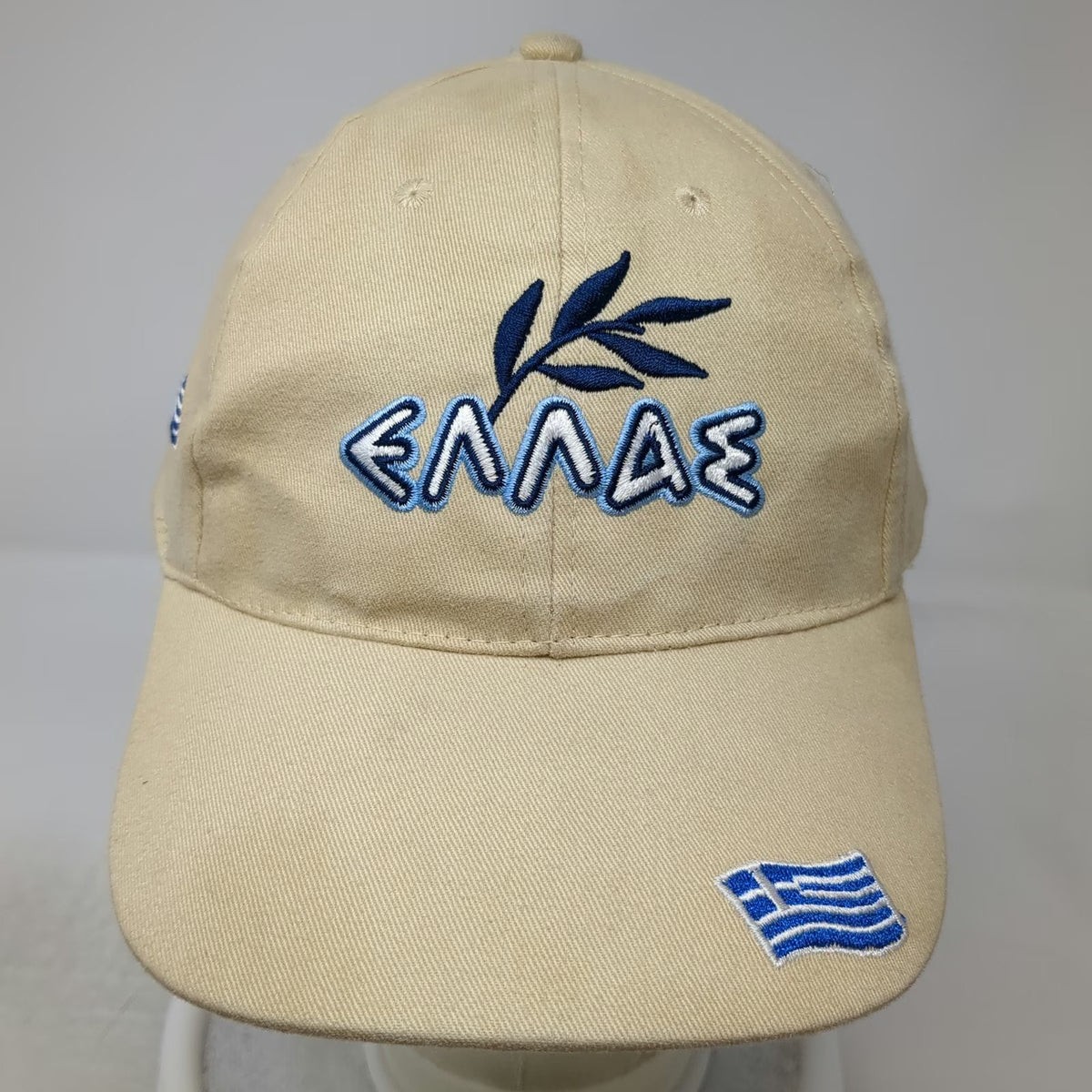Greece Hellas Greek Flag Beige Baseball Cap Hat OSFM Olive Branch Embroidered
