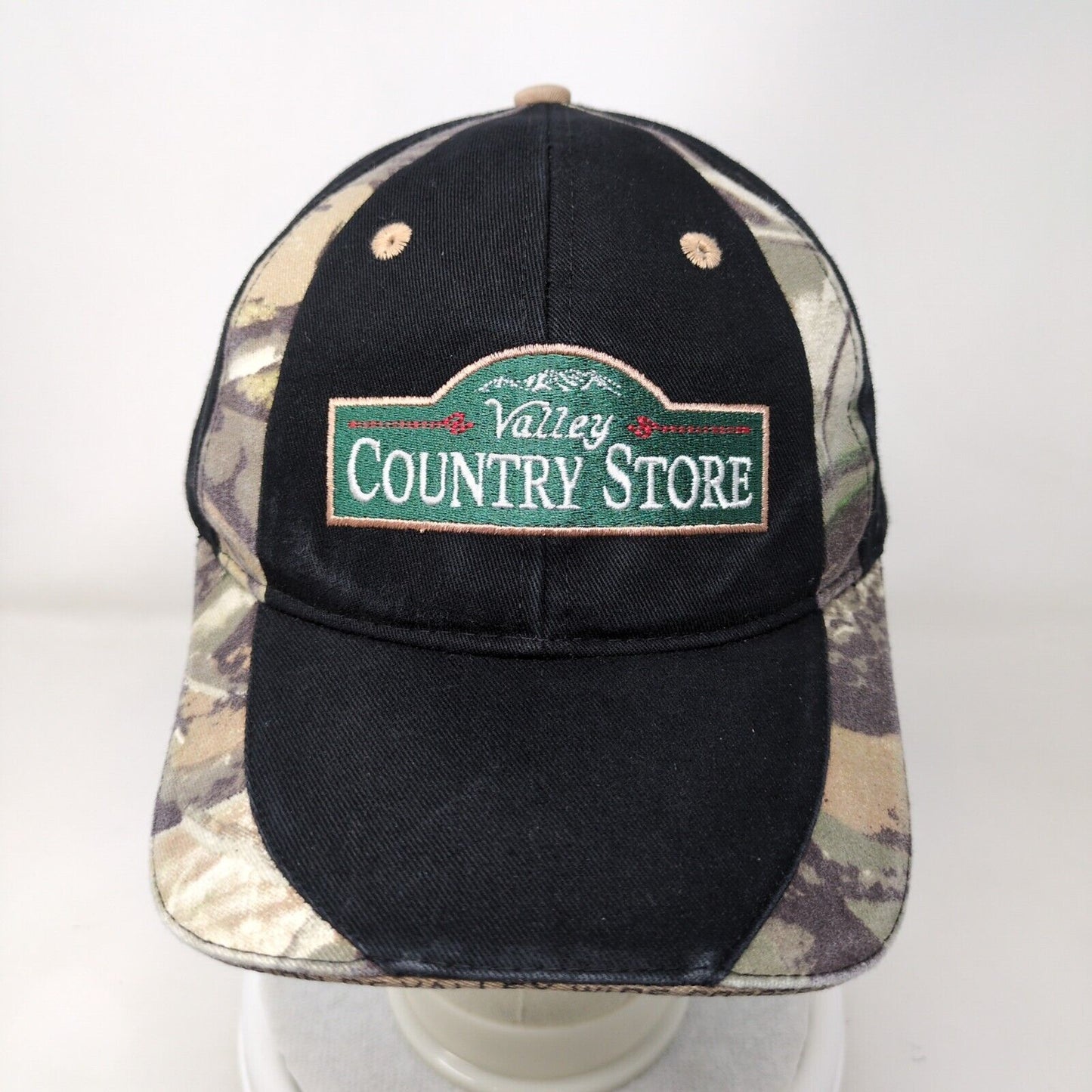 Valley Country Store Strapback Hat Black OSFA Adjustable Camo Trim