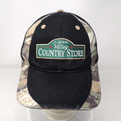 Valley Country Store Strapback Hat Black OSFA Adjustable Camo Trim