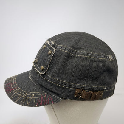 Army Cap Gray OSFM Herringbone Distressed Frayed Studs Red Gold Stitching Hat