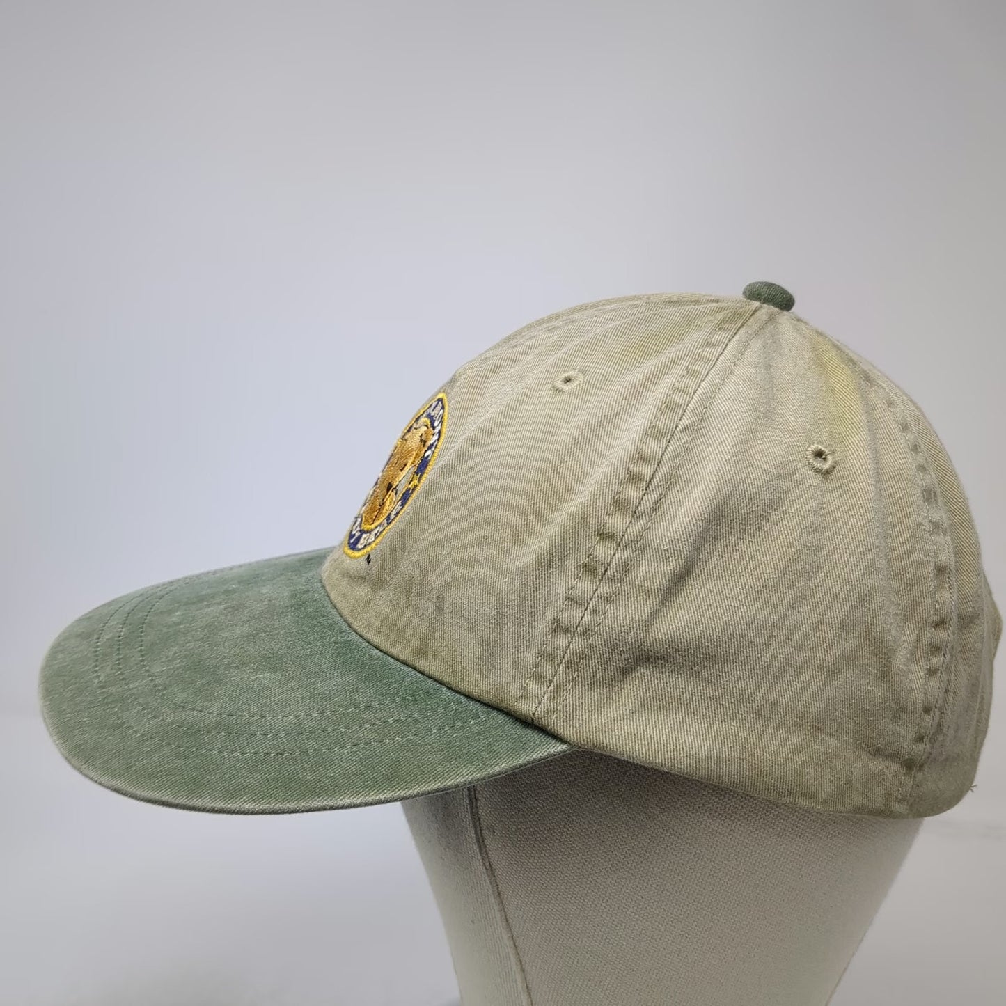 Adams Baseball Cap Beige Green Leather Strap Vermont Teddy Bear Hat Vintage