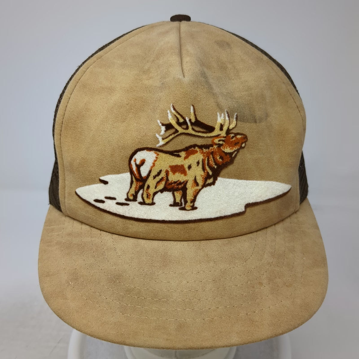 I/D/E/A Inc Trucker Hat Brown One Size Elk Snow Mesh Snapback Vegan Suede Patch
