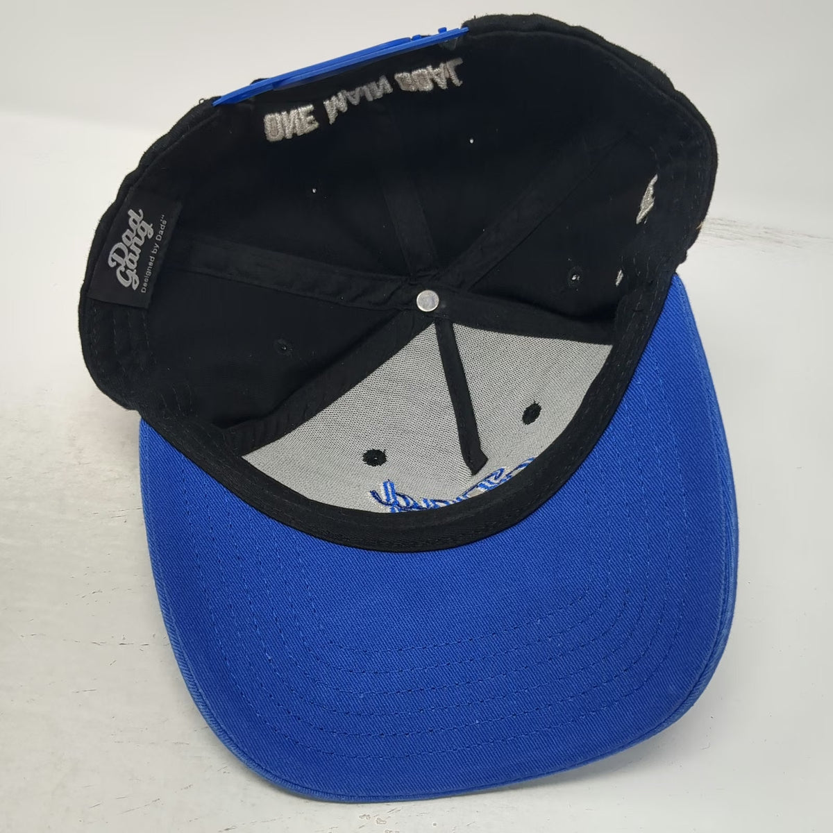 Dad Gang 5 Panel Black Blue One Size Snapback Hat Logo Script Embroidery Graphic