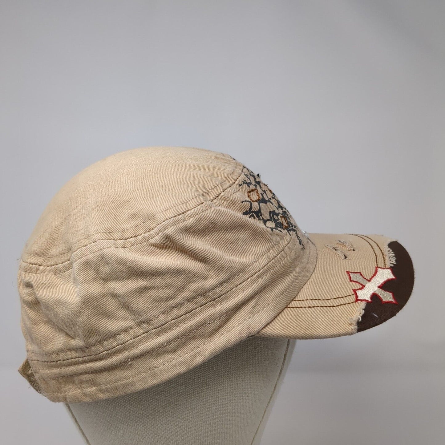 Rhinestone Cross Strapback Cadet Army Cap Tan OS Distressed National Cap & Sport