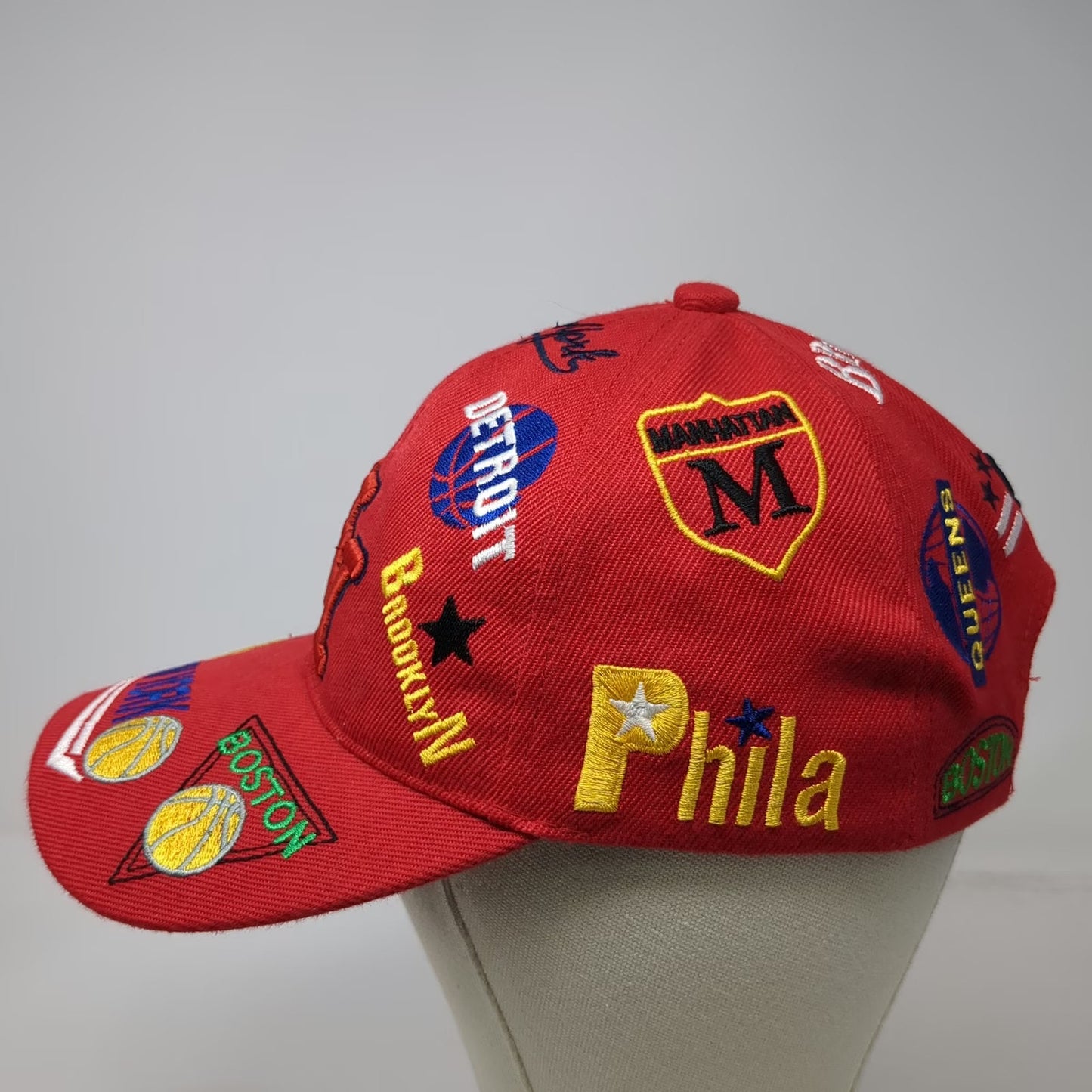 Red Baseball Cap One Size Multi-City Basketball Embroidery Strapback NY Chicago