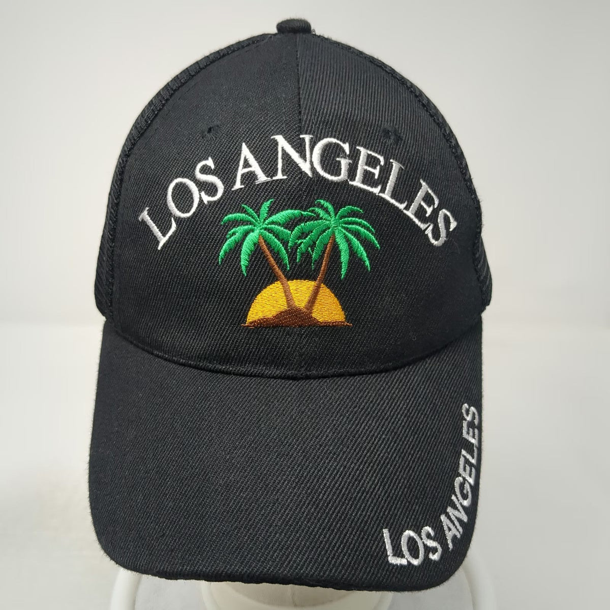 Trucker Hat Black One Size Mesh Back Snapback Los Angeles Palm Tree Embroidery