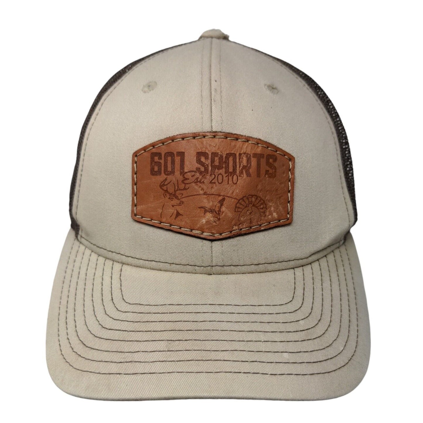 607 Sports Snapback Mesh Back Trucker Hat Tan One Size Leather Patch