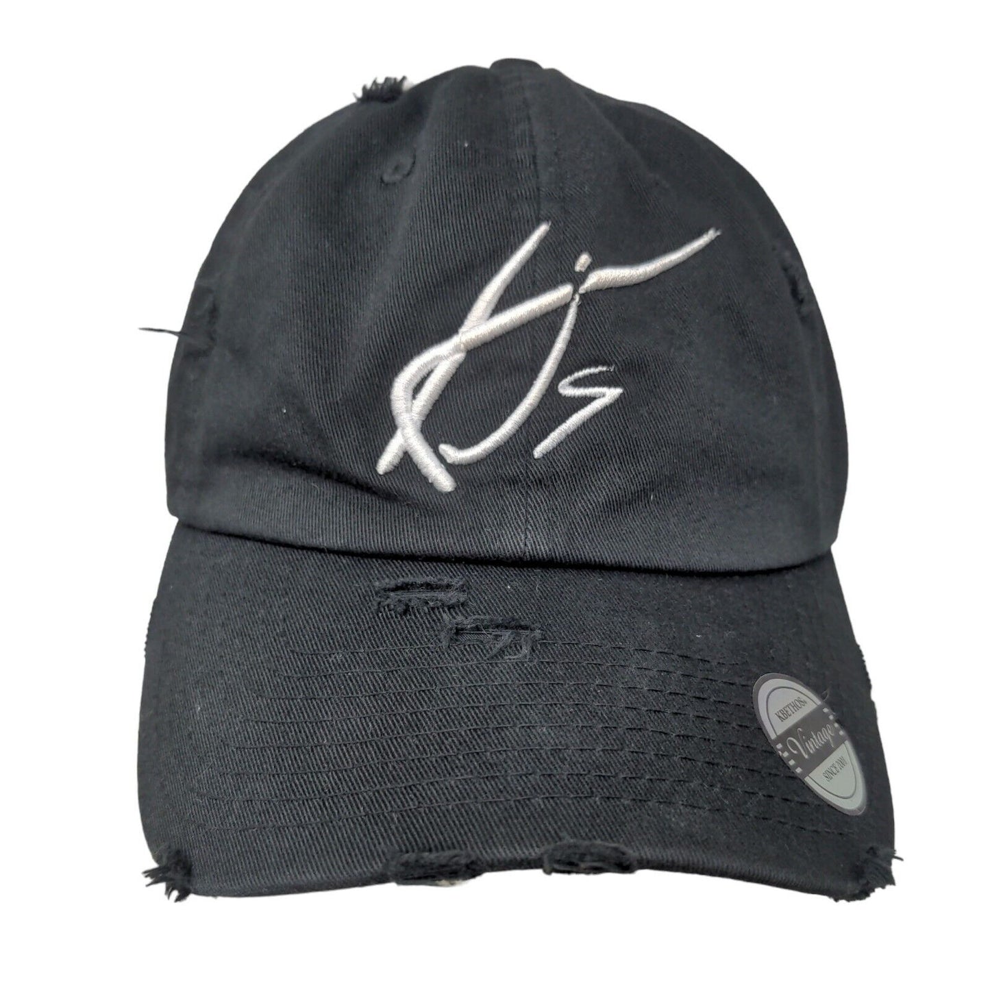 KB Ethos Men's Slideback Hat Black Adjustable Embroidered Logo Distressed Cotton