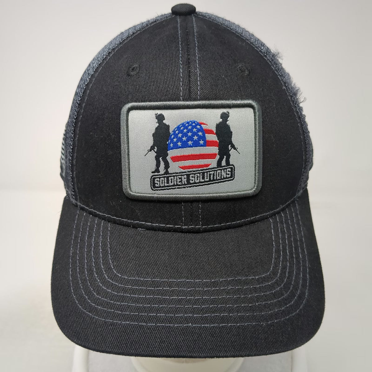 Soldier Solutions Trucker Hat Black OSFM Mesh Back Front Logo Side Flag Patch