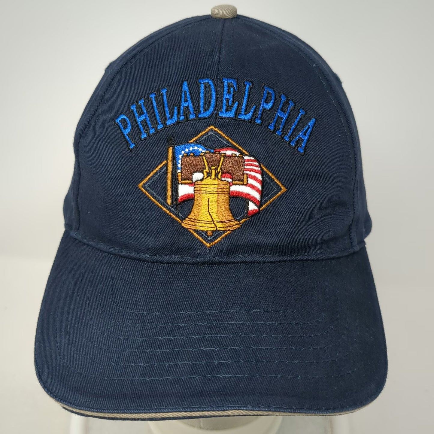 US&A Philadelphia Liberty Bell American Flag Blue OSFM Baseball Cap Hat Cotton