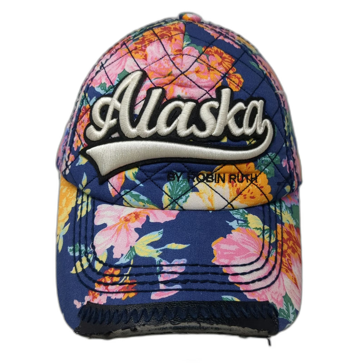 Robin Ruth 5 Panel Blue One Size Hat Alaska Floral Quilted Frayed Strapback