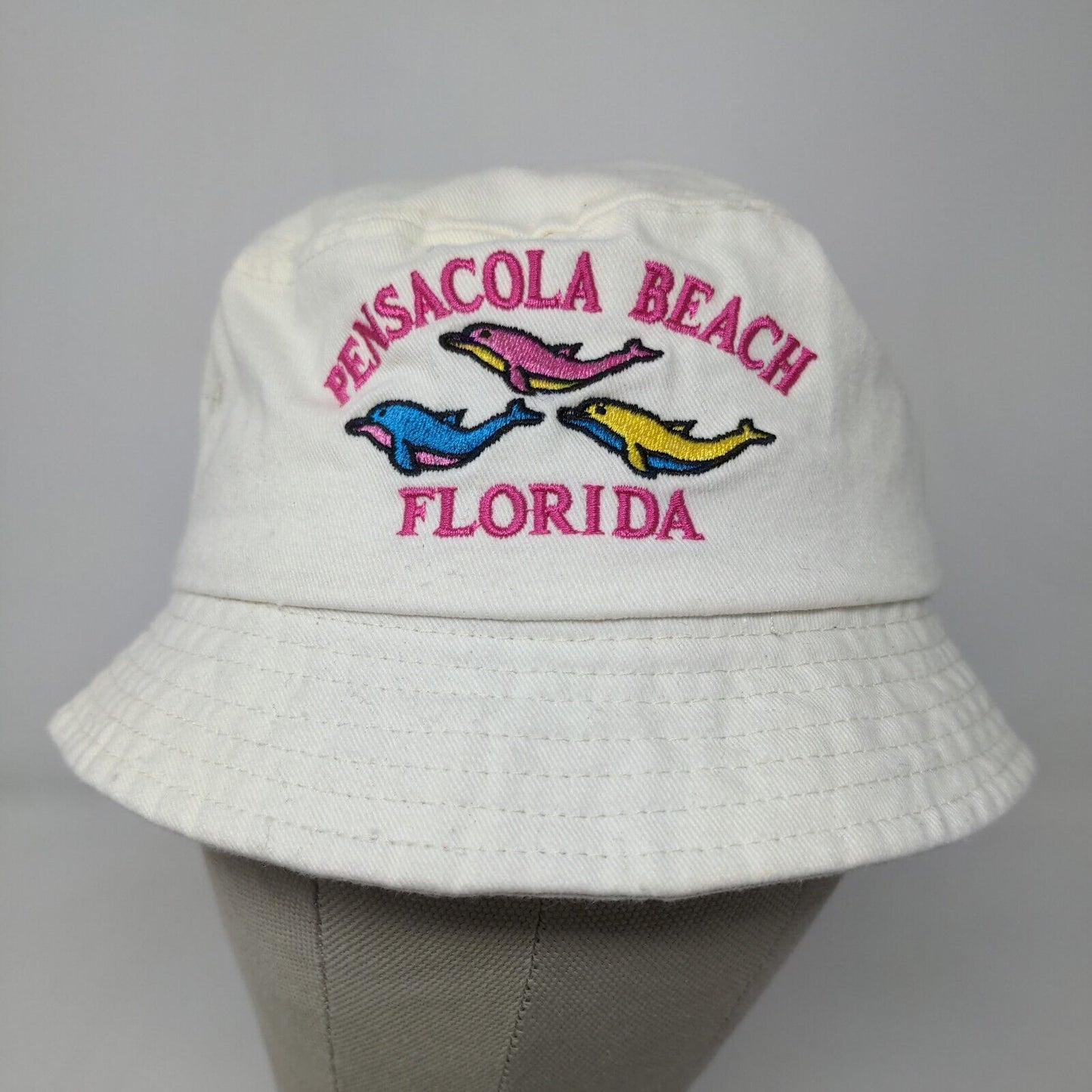 Alvin's Island Boys Bucket Hat Cream Embroidered Pensacola Beach FL Logo Dolphin