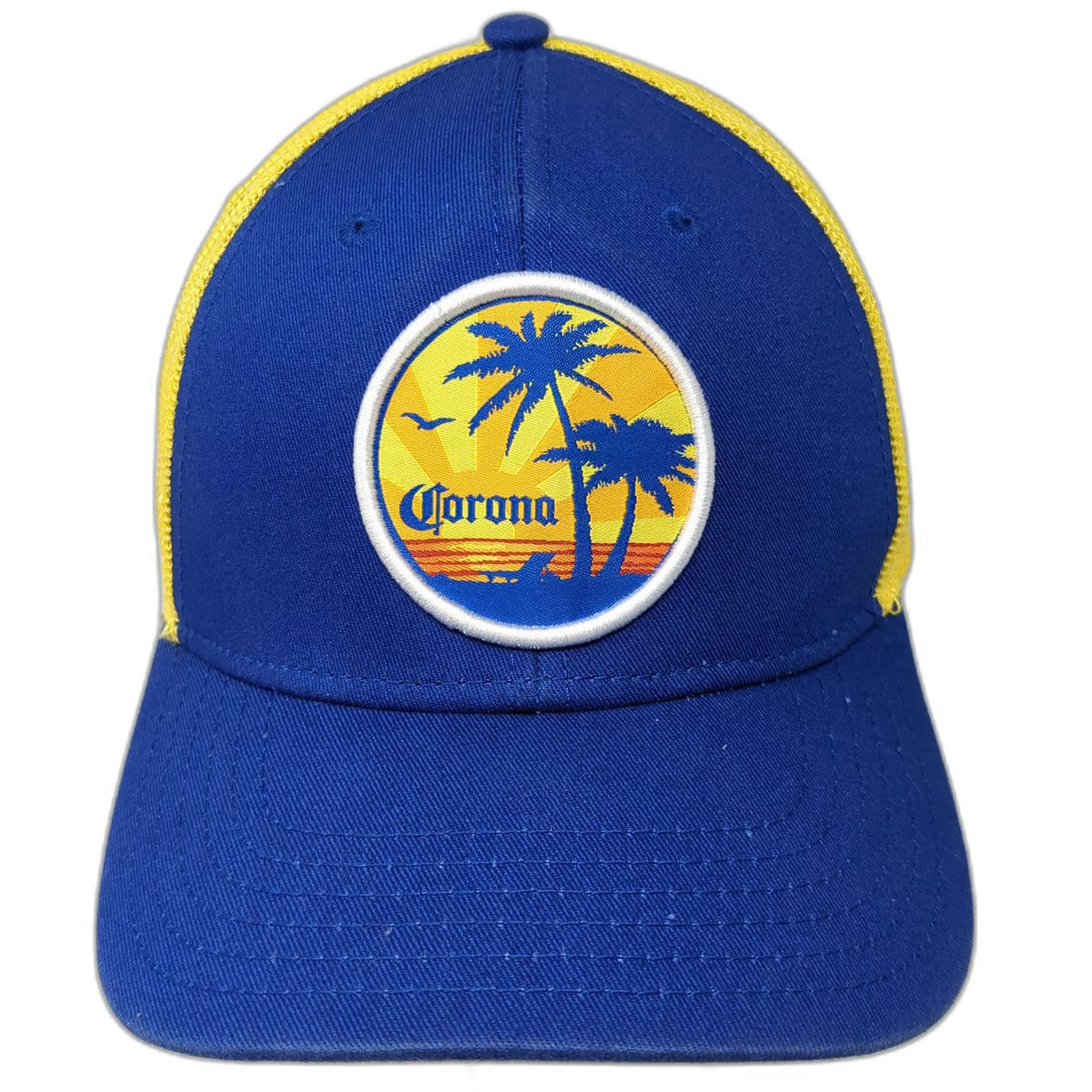 Corona Trucker Hat Blue Yellow One Size Mesh Snapback Beach Sunset Palm Tree
