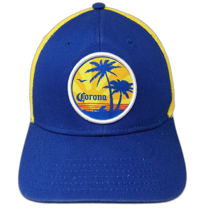 Corona Trucker Hat Blue Yellow One Size Mesh Snapback Beach Sunset Palm Tree