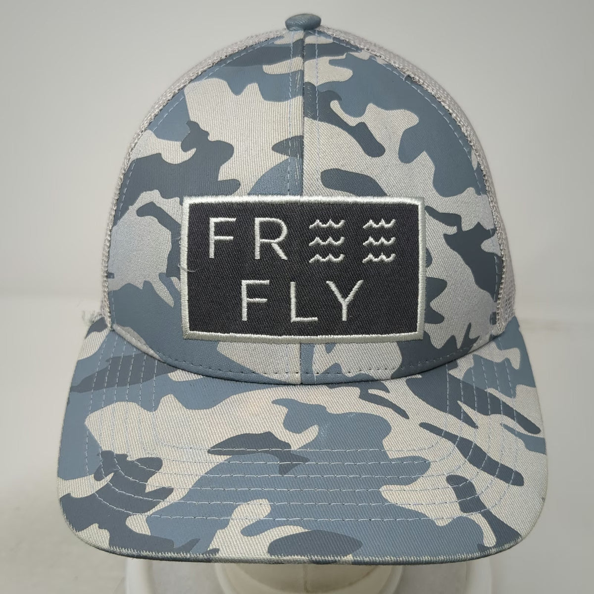 Free Fly Trucker Hat Gray Blue Camo One Size Mesh Snapback Fishing Logo Patch