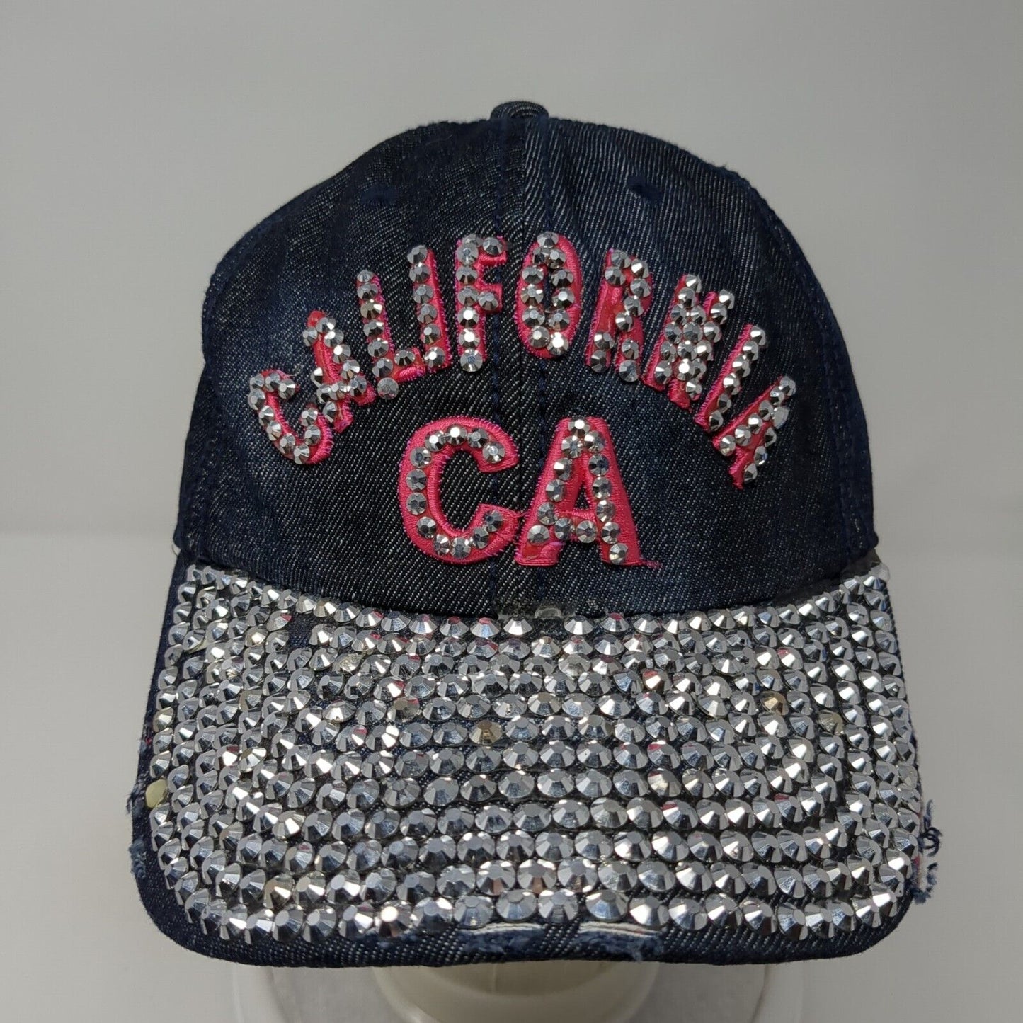California CA Slideback Hat Blue One Size Adjustable Distressed Rhinestone Denim
