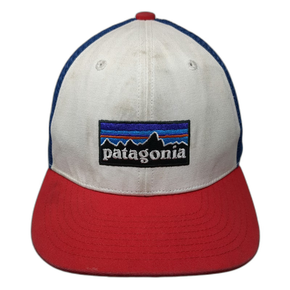 Patagonia Trucker Hat One Size White Blue Red Mesh Snapback Logo Patch Mountain
