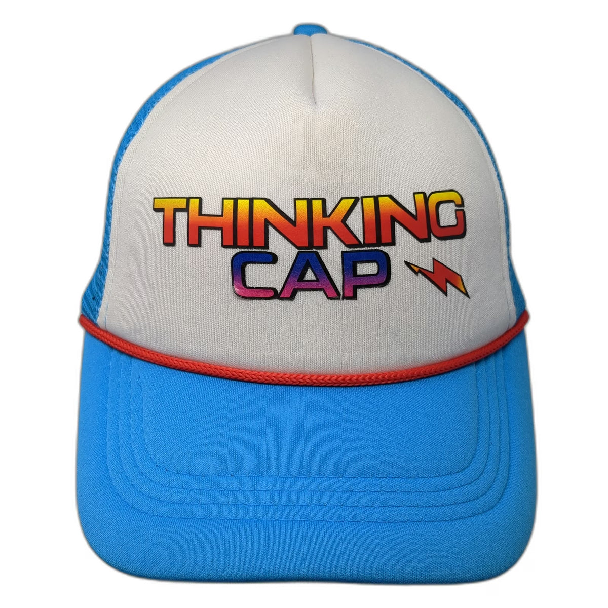 Trucker Hat Blue One Size Thinking Cap Mesh Foam Rope Retro 80s Lightning Bolt