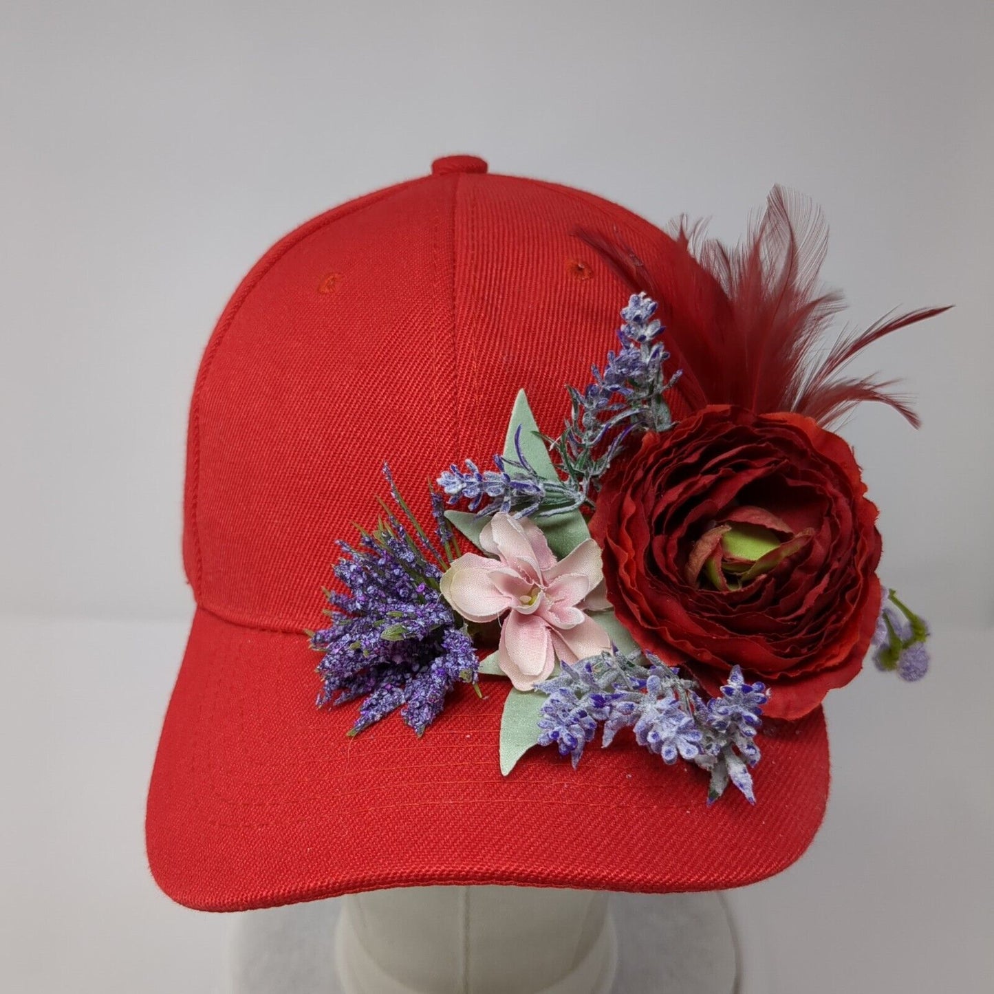 Flower Barrette Strapback Hat Red One Size Adjustable Floral 6 Panel Acrylic