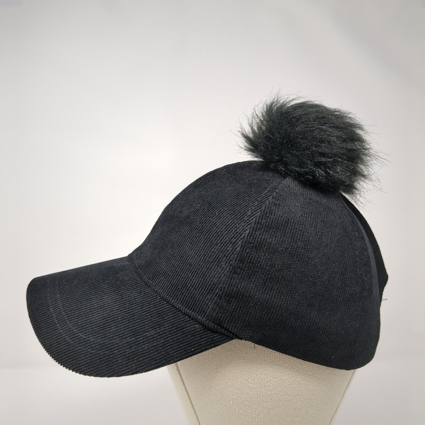 Unbranded Slideback Hat Black One Size Adjustable Solid Fur Pom Pom