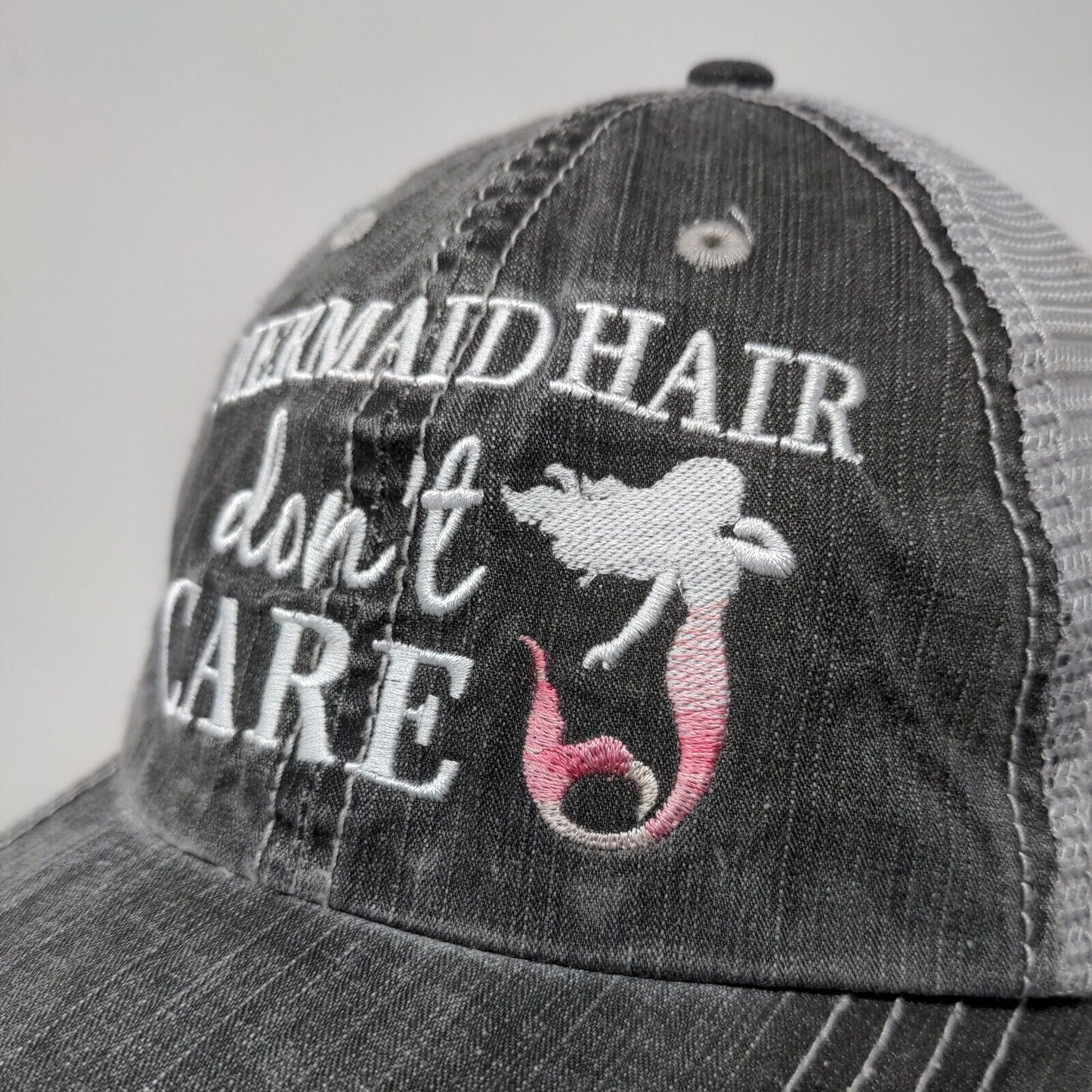 Mermaid Hair Don't Care Strapback Mesh Back Trucker Hat Gray OSFA
