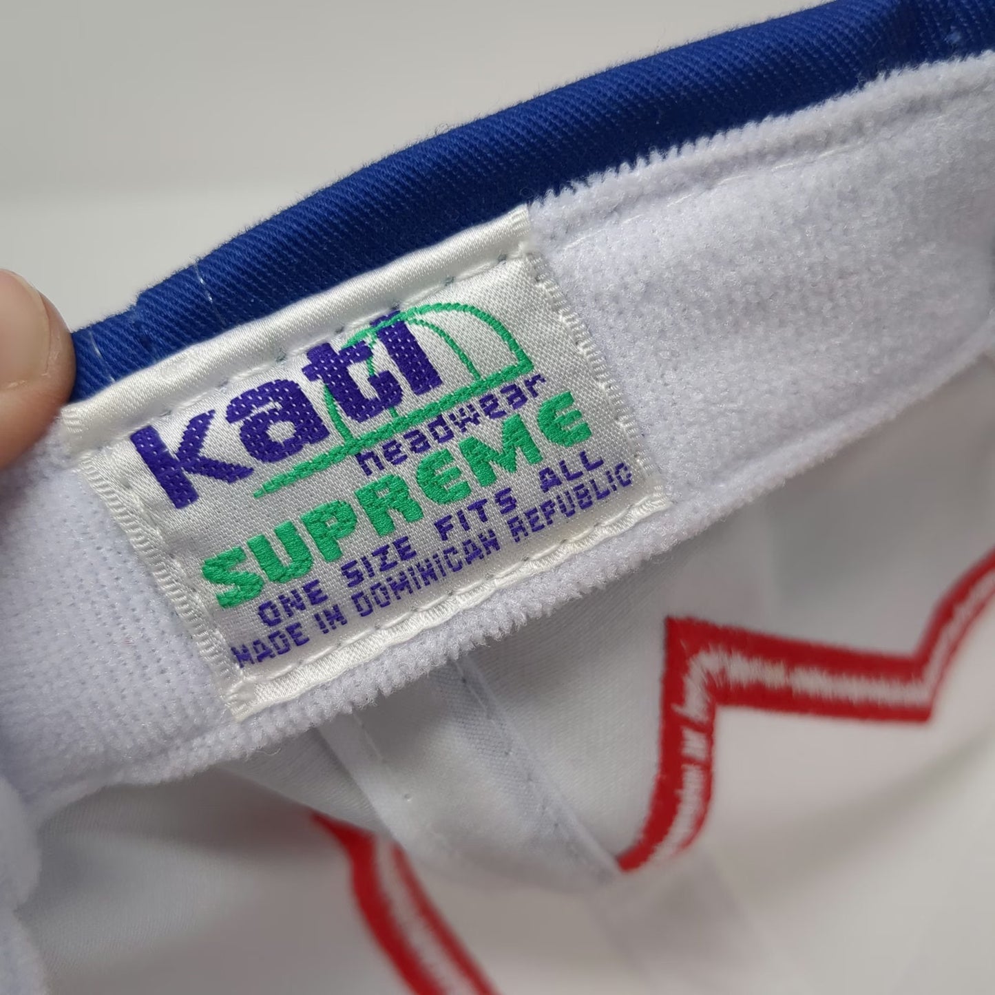Kati Baseball Cap White Blue Red Astaris Logo Graphic Slideback Hat Sharktooth