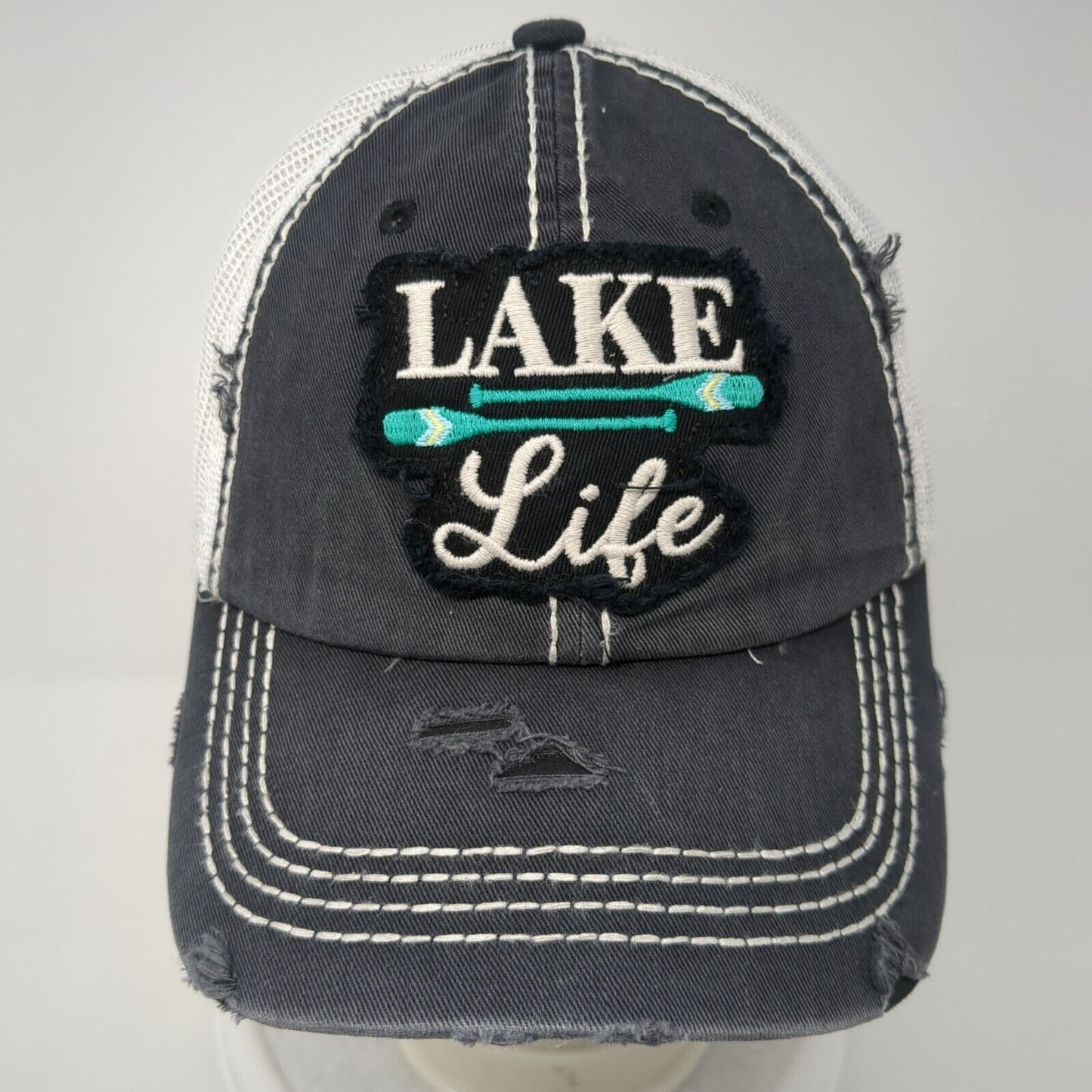 Lake Life Strapback Trucker Hat Blue One Size Adjustable Mesh Back Distressed