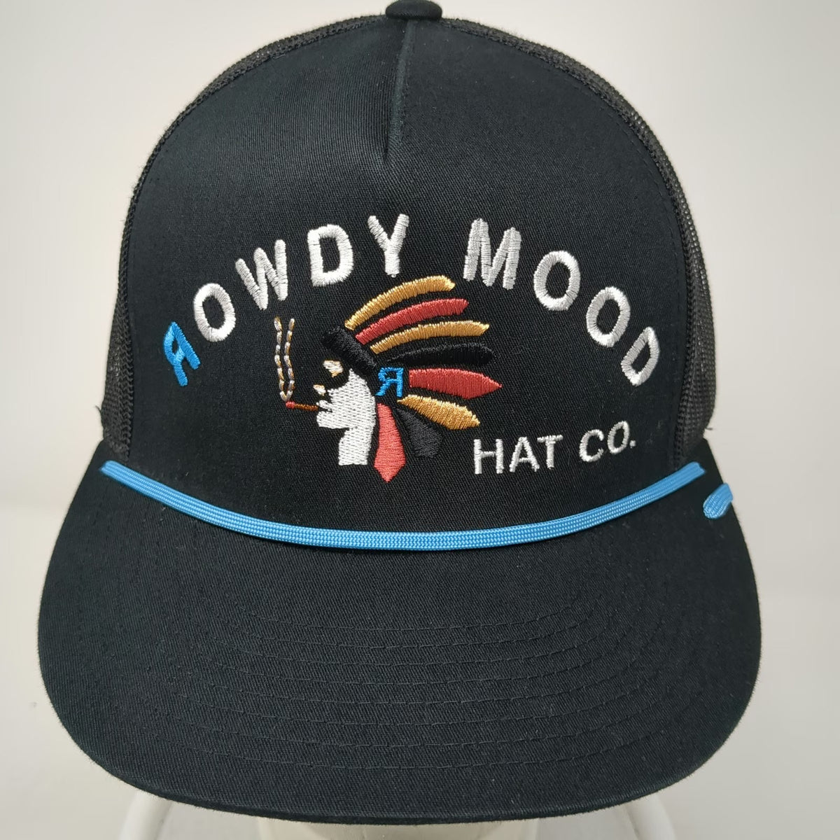 Rowdy Mood Co Black Trucker Hat OSFM Mesh Snapback Native Headdress Rope Logo