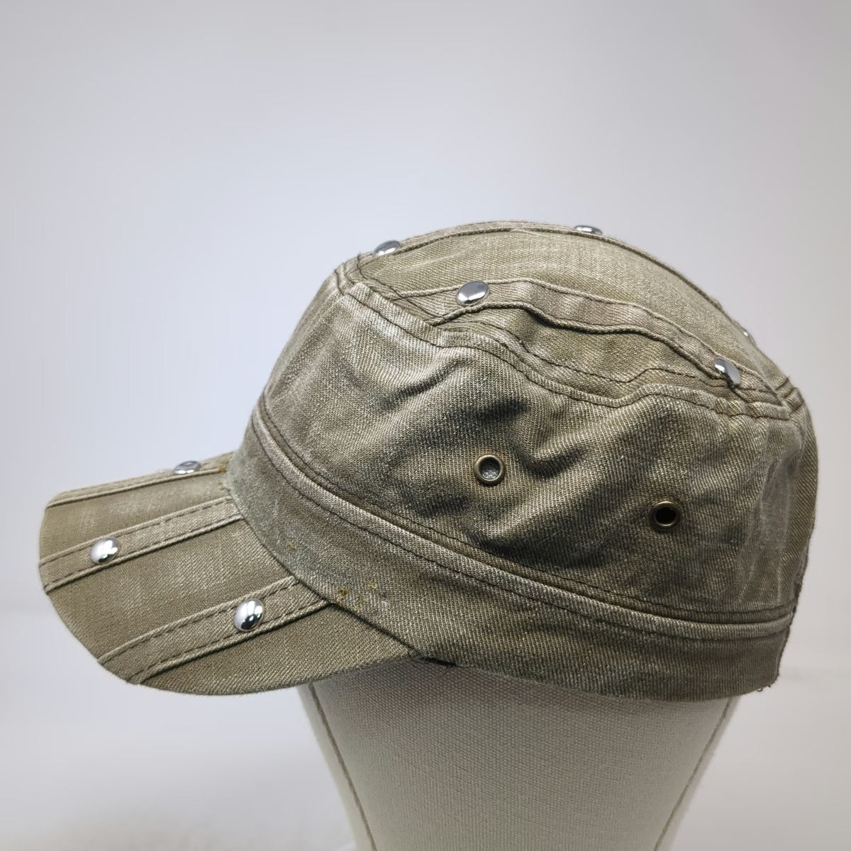 Heve Army Cap Brown One Size Studded Distressed Cotton Slideback Buckle Hat