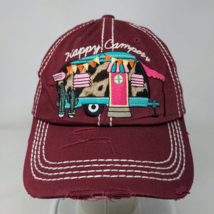 Happy Camper Strapback Hat Red One Size Embroidered Distressed KB ETHOS Vintage