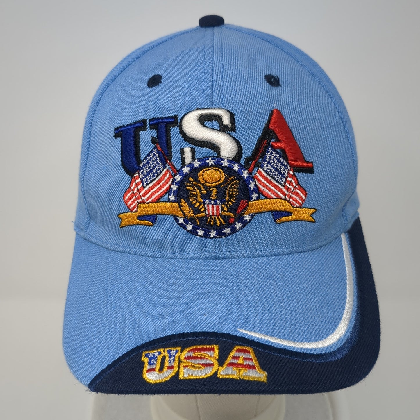 USA Strapback Hat Blue One Size Adjustable Embroidered 6 Panel Outdoor