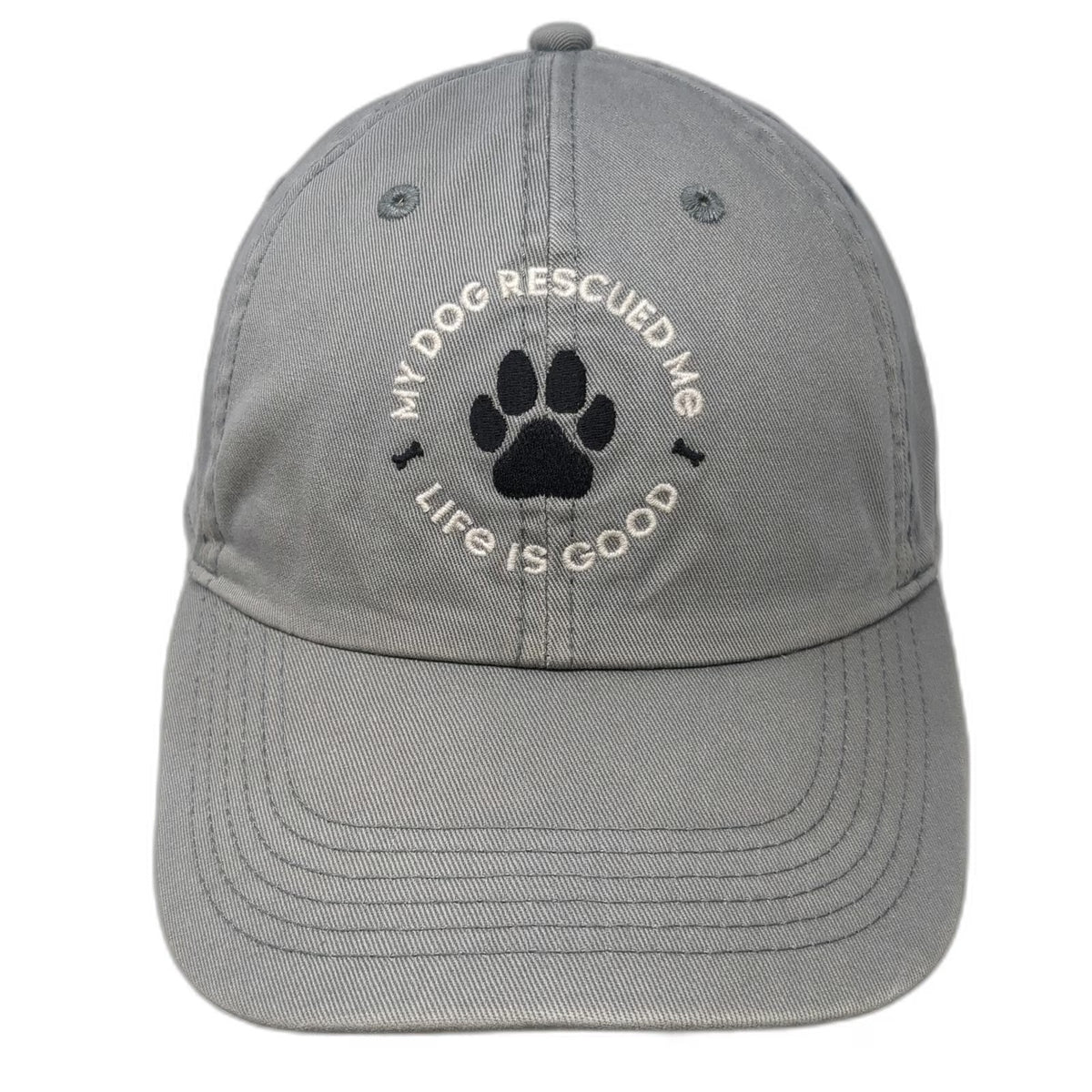 Life is Good Baseball Cap Gray OS My Dog Rescued Me Paw Print Slideback Hat