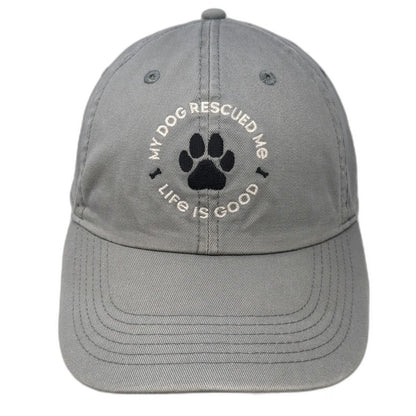 Life is Good Baseball Cap Gray OS My Dog Rescued Me Paw Print Slideback Hat