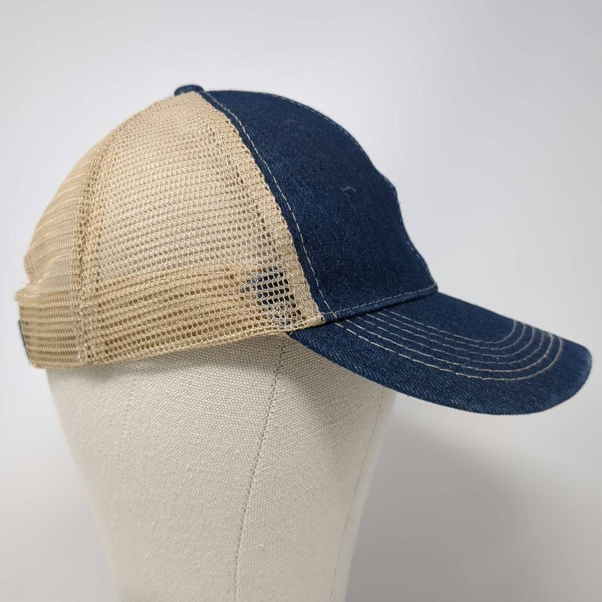 Baseball Cap Blue One Size Mesh Back Denim Embroidered Logo Strapback Hat Beige