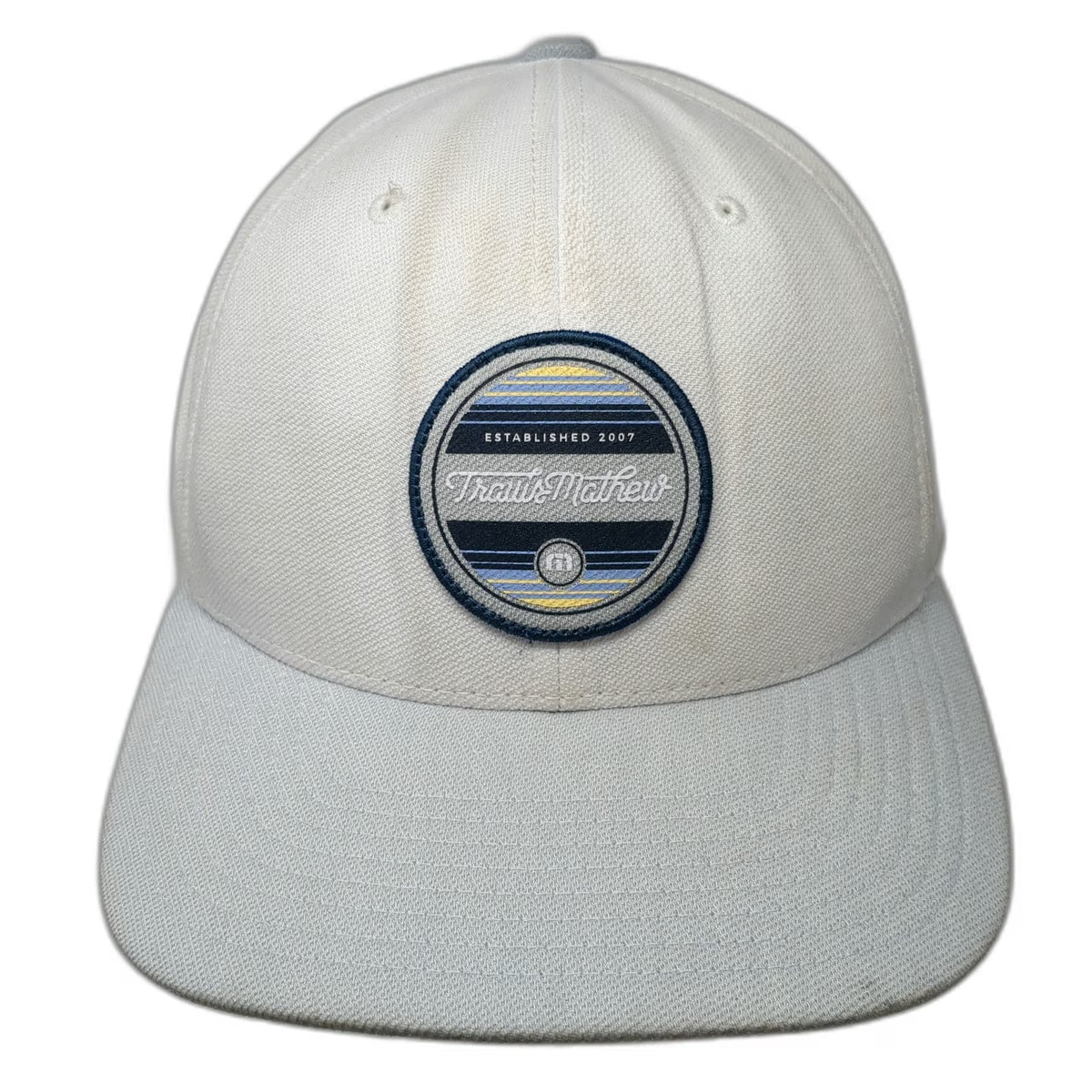 TravisMathew Snapback Hat White One Size Flexfit 110 Gray Brim Logo Patch