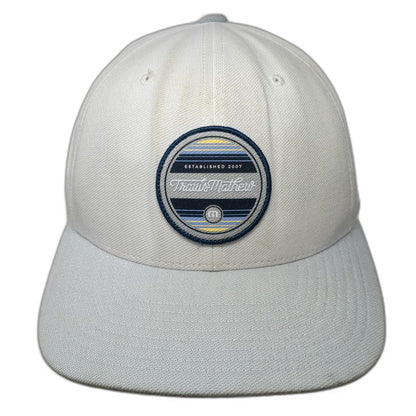 TravisMathew Snapback Hat White One Size Flexfit 110 Gray Brim Logo Patch