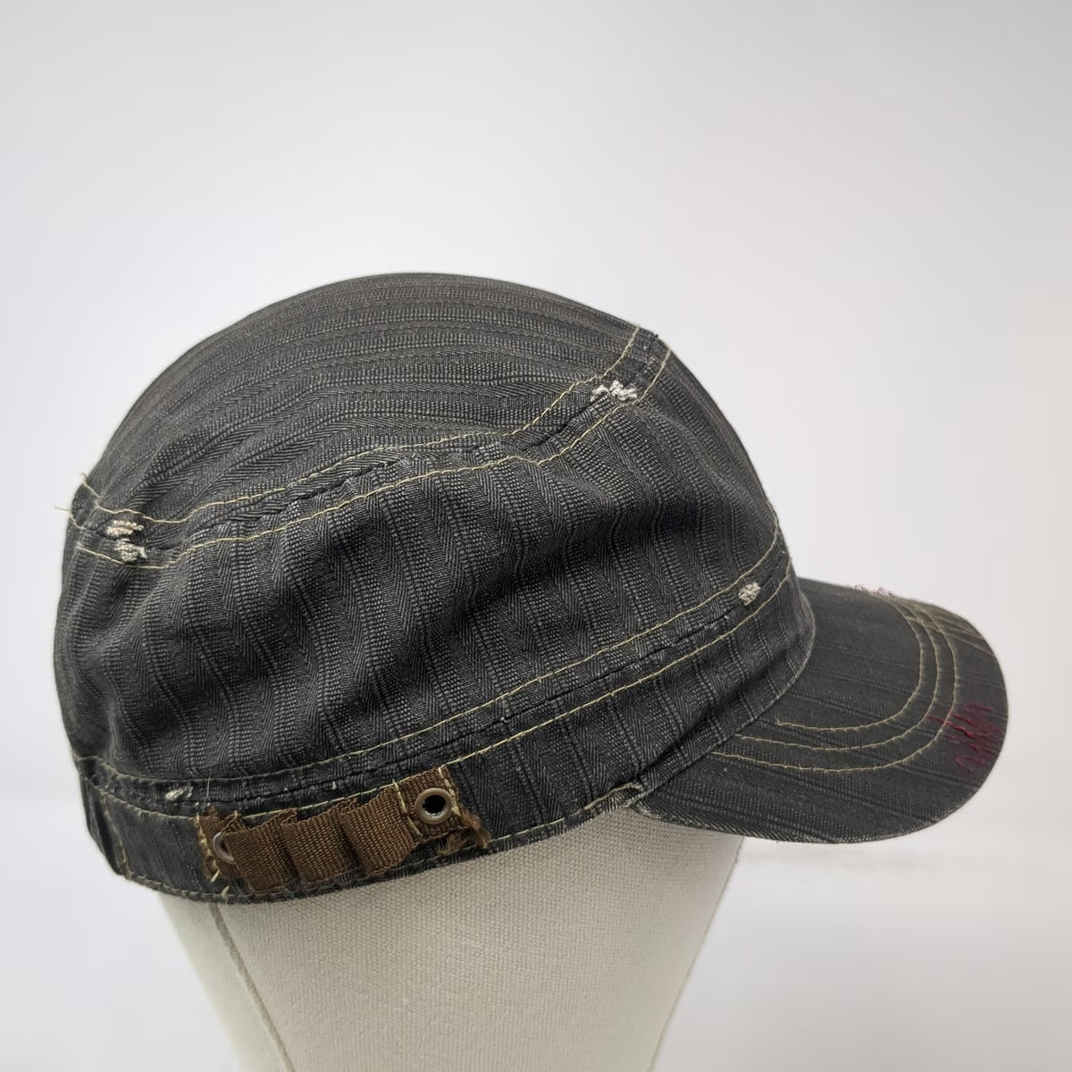 Army Cap Gray OSFM Herringbone Distressed Frayed Studs Red Gold Stitching Hat