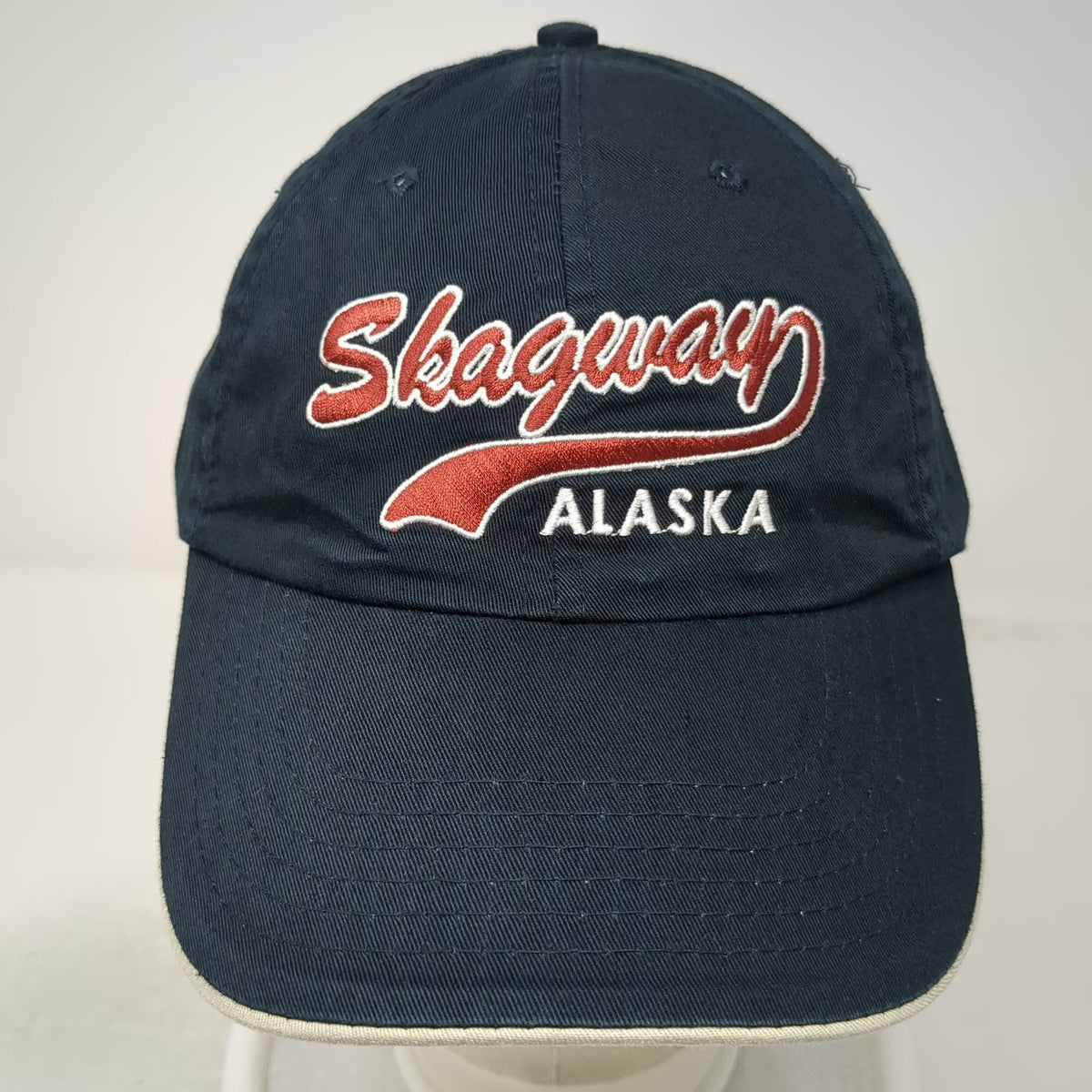 Alaska To Go! Baseball Cap Blue One Size Skagway Script Embroidery Slideback Hat