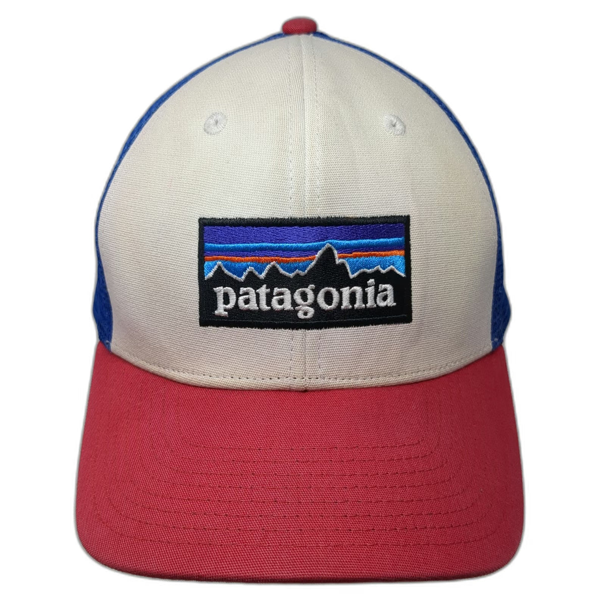 Patagonia Trucker Hat White Blue Red One Size Mesh Back Mountain Logo Snapback