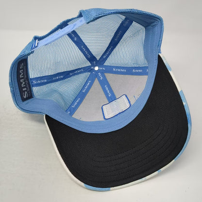 Simms Tres Pescados Fly Shop Trucker Hat Blue Camo Mesh Snapback Patch One Size