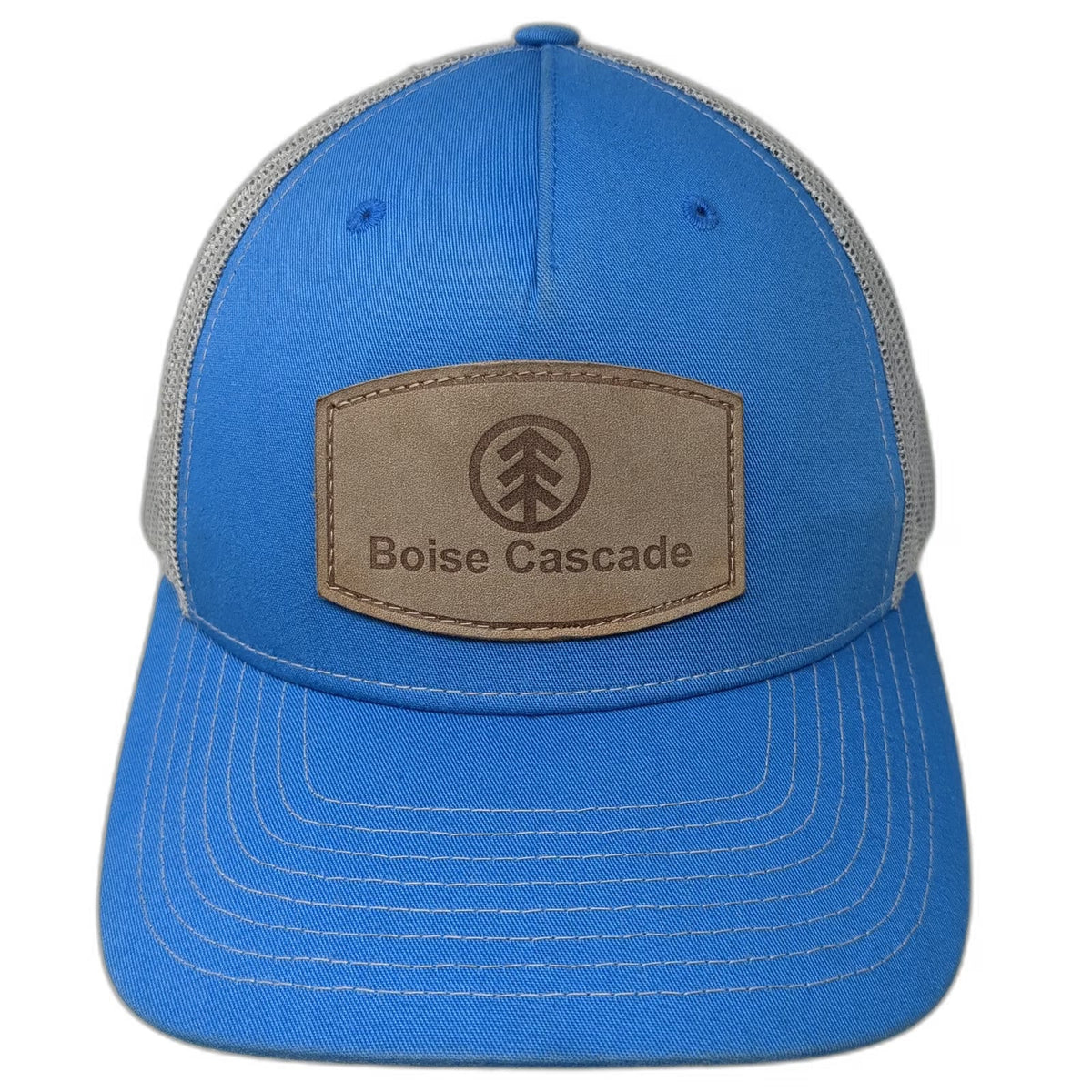 Richardson Trucker Hat Blue One Size Boise Cascade Leather Patch Mesh Gray Brown